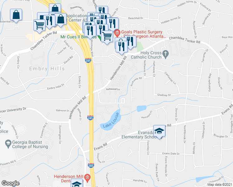 map of restaurants, bars, coffee shops, grocery stores, and more near 3491 Ashwood Lane in Atlanta