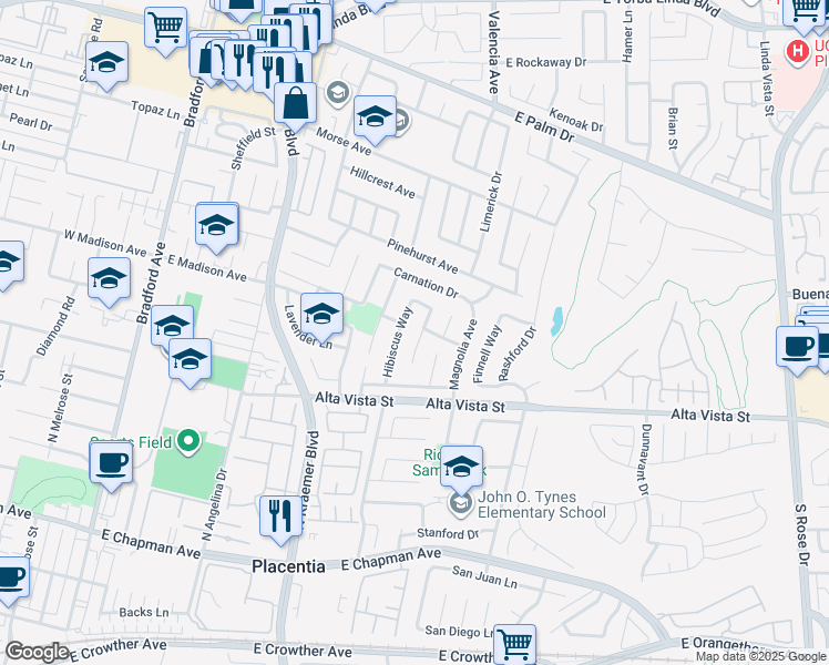 map of restaurants, bars, coffee shops, grocery stores, and more near 921 Azalea Avenue in Placentia