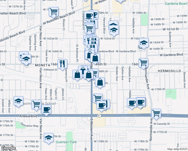 map of restaurants, bars, coffee shops, grocery stores, and more near 18606 South Hobart Boulevard in Gardena
