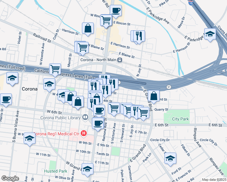 map of restaurants, bars, coffee shops, grocery stores, and more near 206 South Victoria Avenue in Corona