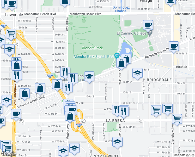 map of restaurants, bars, coffee shops, grocery stores, and more near 3758 Redondo Beach Boulevard in Torrance