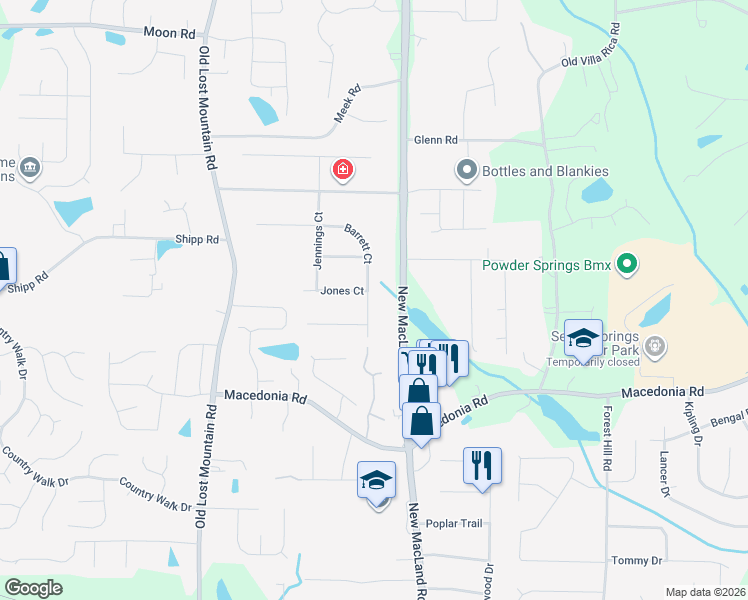 map of restaurants, bars, coffee shops, grocery stores, and more near 3095 Barrett Court in Powder Springs