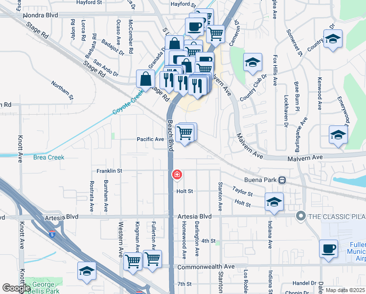 map of restaurants, bars, coffee shops, grocery stores, and more near 5600 Beach Boulevard in Buena Park