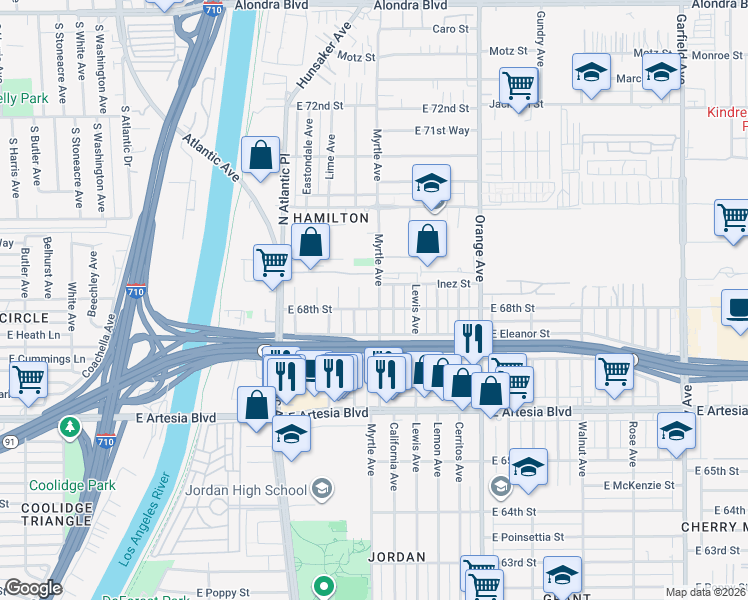 map of restaurants, bars, coffee shops, grocery stores, and more near 6811 Myrtle Avenue in Long Beach