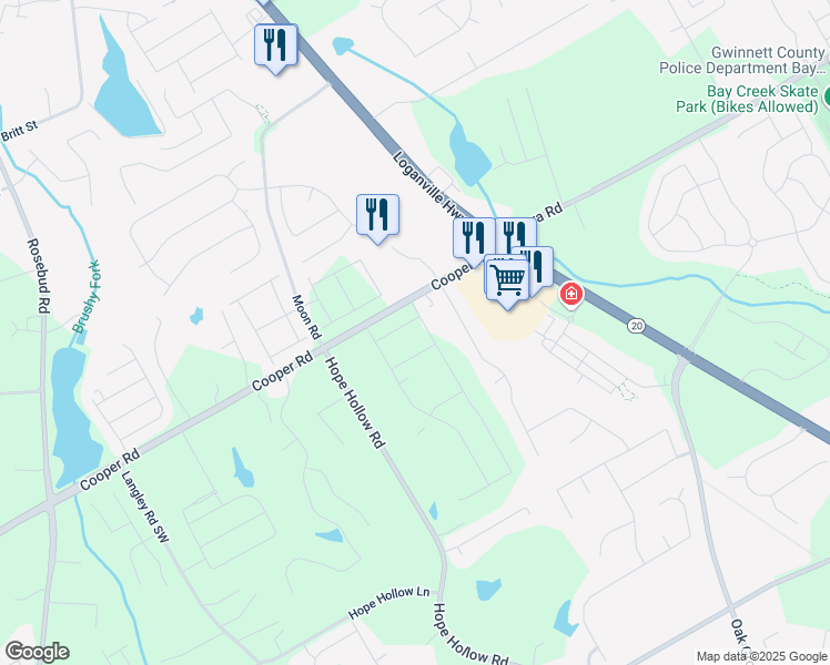 map of restaurants, bars, coffee shops, grocery stores, and more near 517 Hyde Ridge Trail in Loganville