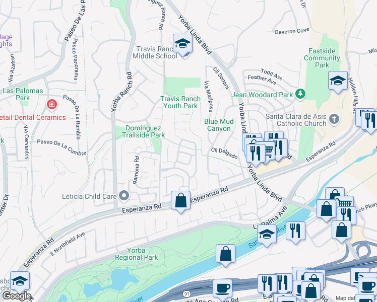 map of restaurants, bars, coffee shops, grocery stores, and more near 21375 Vía Del Gavilan in Yorba Linda