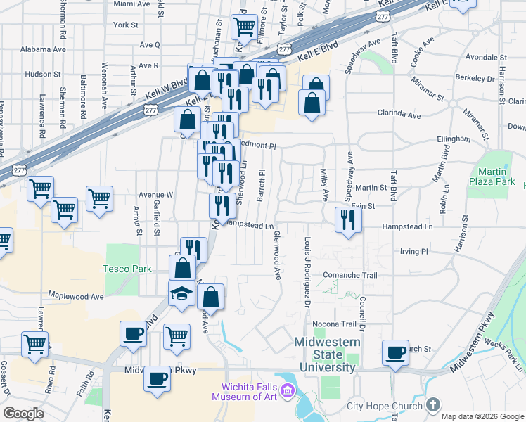 map of restaurants, bars, coffee shops, grocery stores, and more near 3315 Barrett Place in Wichita Falls