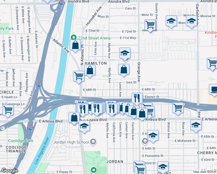 map of restaurants, bars, coffee shops, grocery stores, and more near 6811 Myrtle Avenue in Long Beach