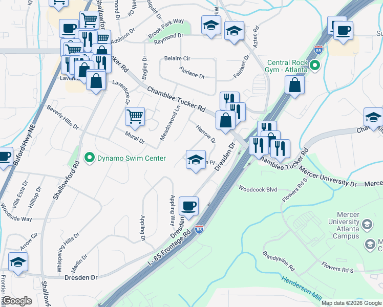 map of restaurants, bars, coffee shops, grocery stores, and more near 3059 Trafalgar Way in Chamblee