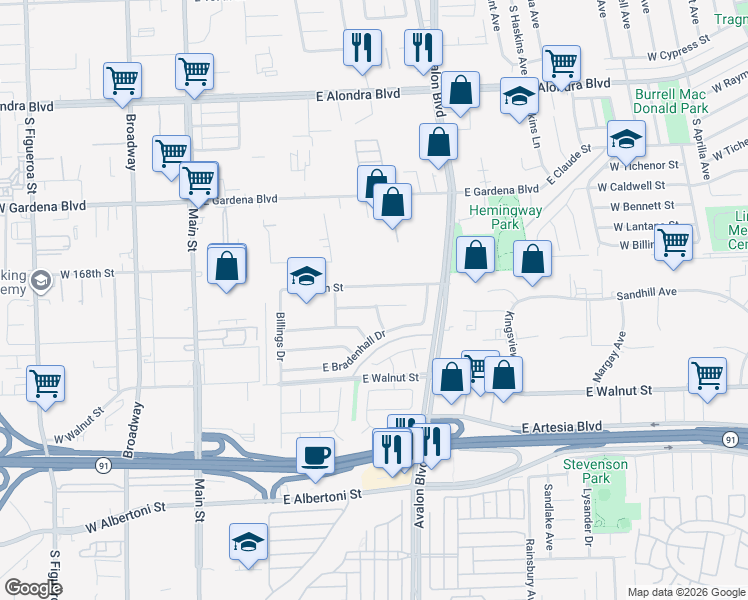 map of restaurants, bars, coffee shops, grocery stores, and more near 447 East Moorehaven Drive in Carson