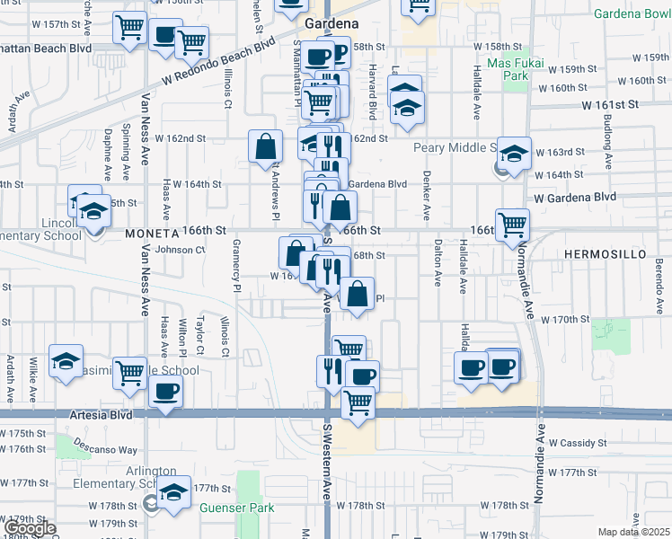 map of restaurants, bars, coffee shops, grocery stores, and more near 16820 South Western Avenue in Gardena