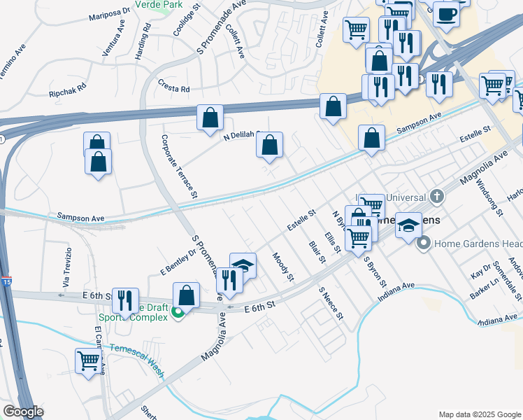 map of restaurants, bars, coffee shops, grocery stores, and more near 4112 South Neece Street in Corona