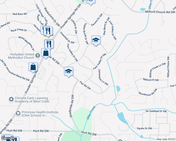 map of restaurants, bars, coffee shops, grocery stores, and more near 3084 Fern Valley Drive Southwest in Marietta