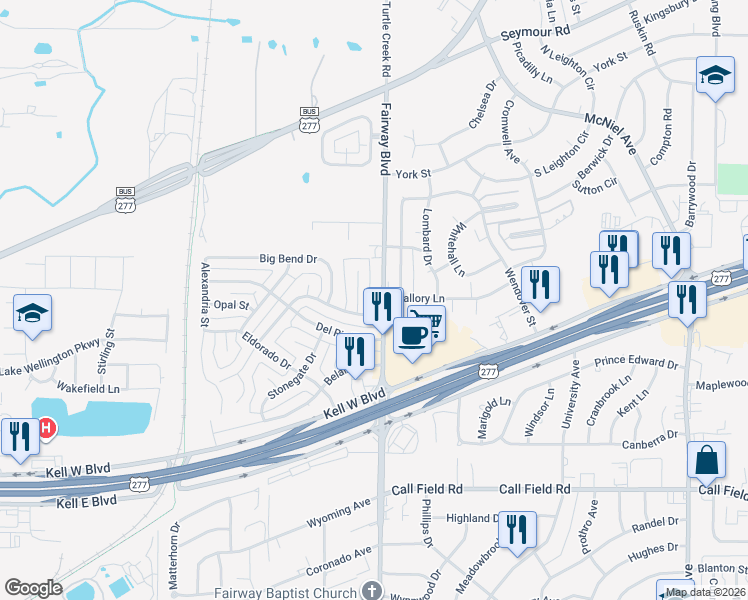 map of restaurants, bars, coffee shops, grocery stores, and more near 3507 Copperas Cove in Wichita Falls