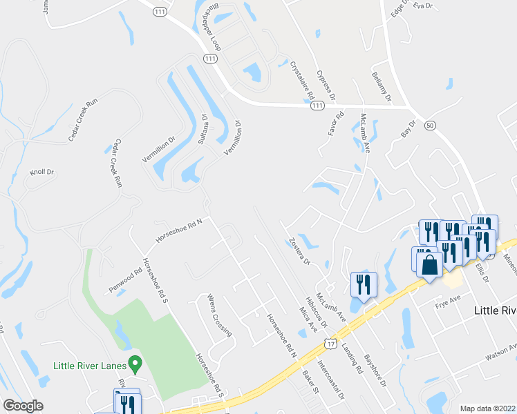 map of restaurants, bars, coffee shops, grocery stores, and more near 4137 Hibiscus Drive in Little River