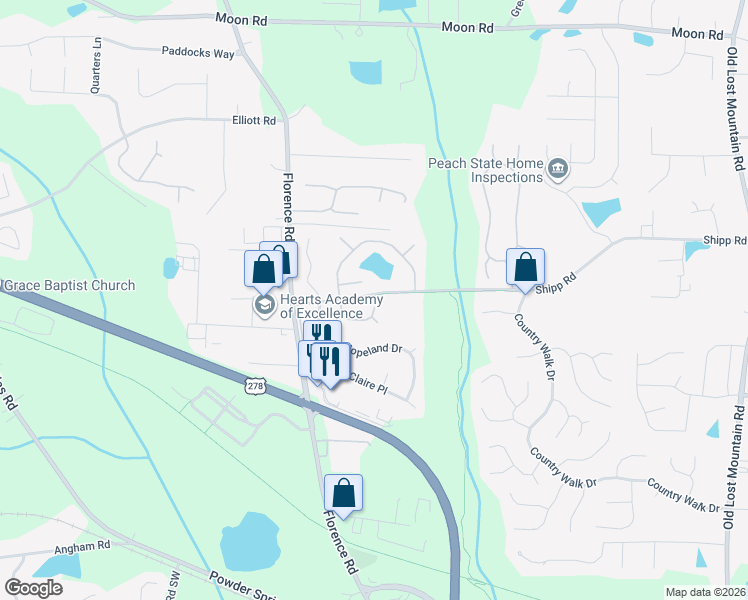 map of restaurants, bars, coffee shops, grocery stores, and more near 4793 Country Cove Way in Powder Springs