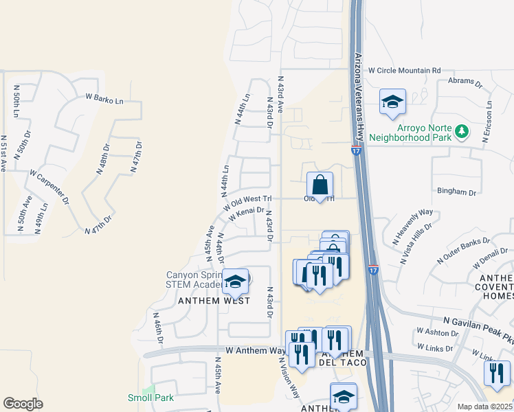 map of restaurants, bars, coffee shops, grocery stores, and more near 43504 North 43rd Drive in Phoenix