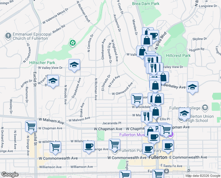 map of restaurants, bars, coffee shops, grocery stores, and more near 382 West Fern Drive in Fullerton