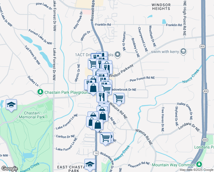 map of restaurants, bars, coffee shops, grocery stores, and more near 230 Windsor Parkway in Sandy Springs