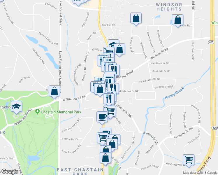 map of restaurants, bars, coffee shops, grocery stores, and more near 4520 Roswell Road in Atlanta