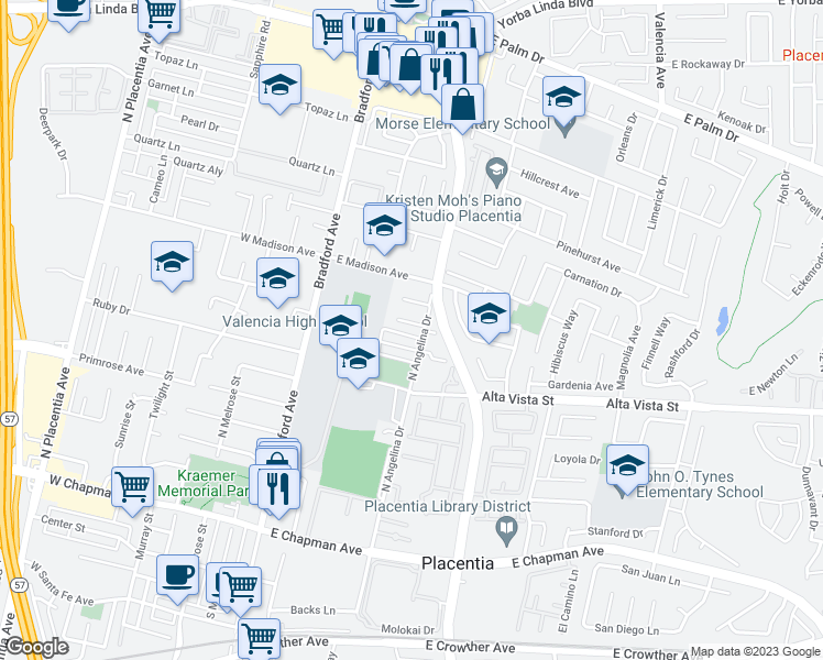 map of restaurants, bars, coffee shops, grocery stores, and more near 226 Breting Way in Placentia