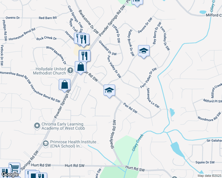 map of restaurants, bars, coffee shops, grocery stores, and more near 2120 Pair Road Southwest in Marietta