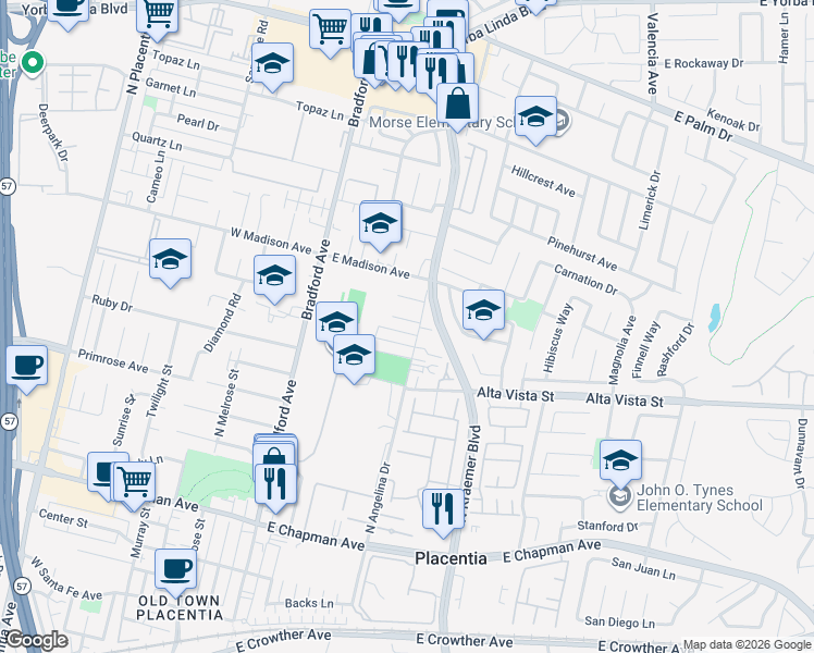 map of restaurants, bars, coffee shops, grocery stores, and more near 226 Breting Way in Placentia