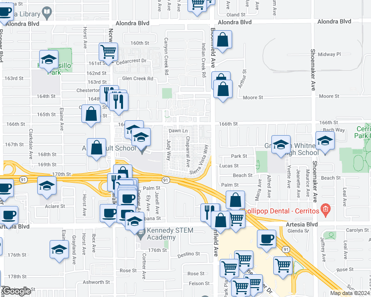 map of restaurants, bars, coffee shops, grocery stores, and more near 16803 Chaparral Avenue in Cerritos
