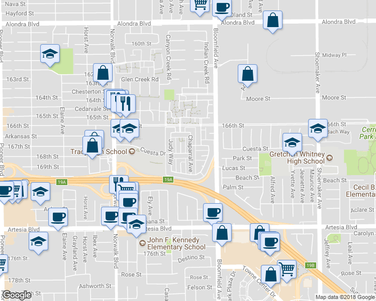 map of restaurants, bars, coffee shops, grocery stores, and more near 16803 Chaparral Avenue in Cerritos