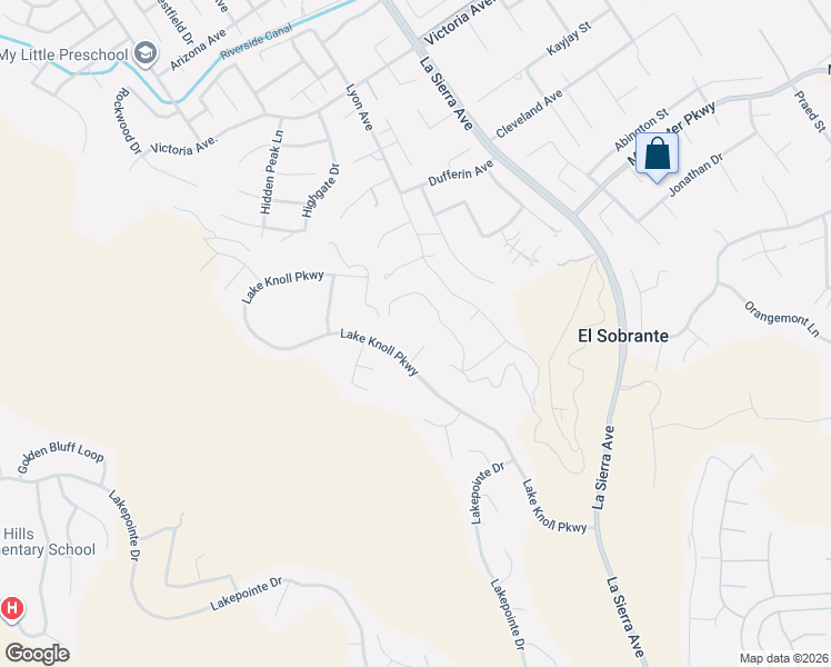 map of restaurants, bars, coffee shops, grocery stores, and more near 17492 Crestlake Lane in Riverside