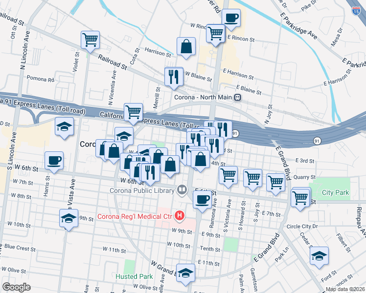 map of restaurants, bars, coffee shops, grocery stores, and more near 220 South Belle Avenue in Corona