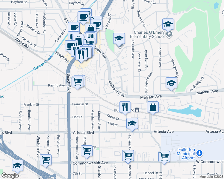 map of restaurants, bars, coffee shops, grocery stores, and more near 8187 Owens Street in Buena Park
