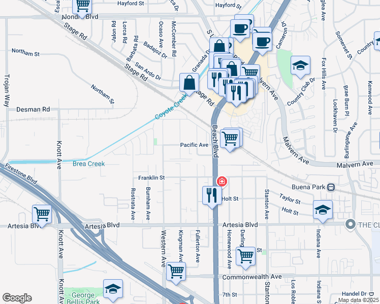map of restaurants, bars, coffee shops, grocery stores, and more near 7612 Pacific Avenue in Buena Park