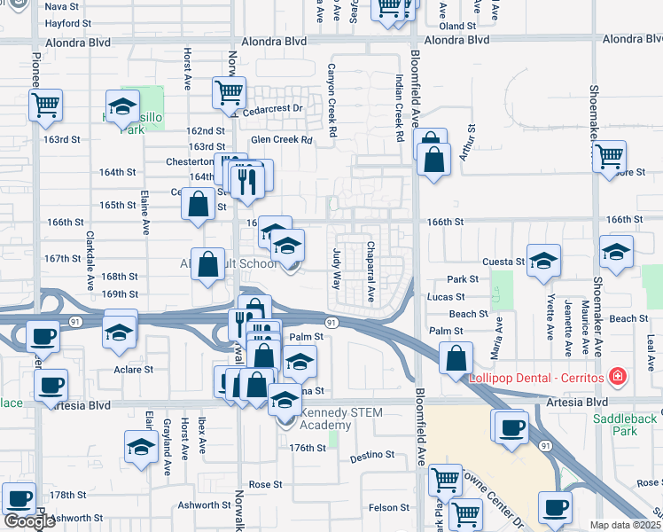 map of restaurants, bars, coffee shops, grocery stores, and more near 16717 Judy Way in Cerritos