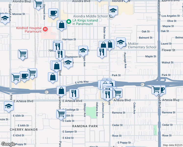 map of restaurants, bars, coffee shops, grocery stores, and more near 3230 East 68th Way in Long Beach
