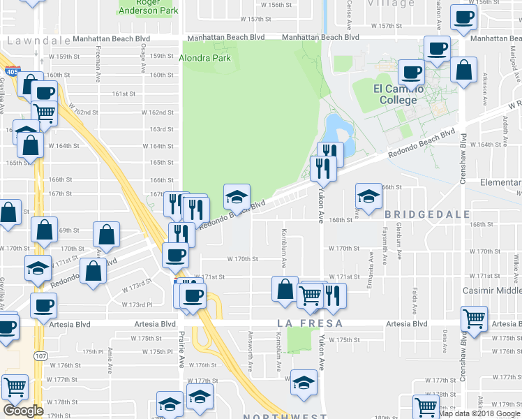 map of restaurants, bars, coffee shops, grocery stores, and more near in Torrance