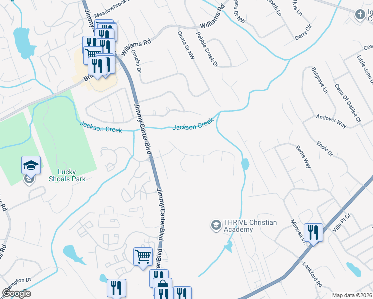 map of restaurants, bars, coffee shops, grocery stores, and more near 6139 Rotondo Place in Norcross
