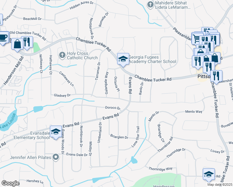 map of restaurants, bars, coffee shops, grocery stores, and more near 3062 Octavia Place in Atlanta