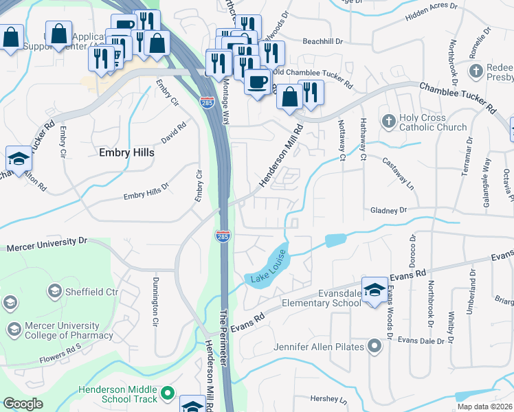 map of restaurants, bars, coffee shops, grocery stores, and more near 3423 Ashwood Lane in Atlanta