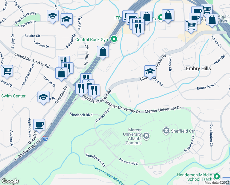 map of restaurants, bars, coffee shops, grocery stores, and more near 3005 Chamblee Tucker Road in Chamblee