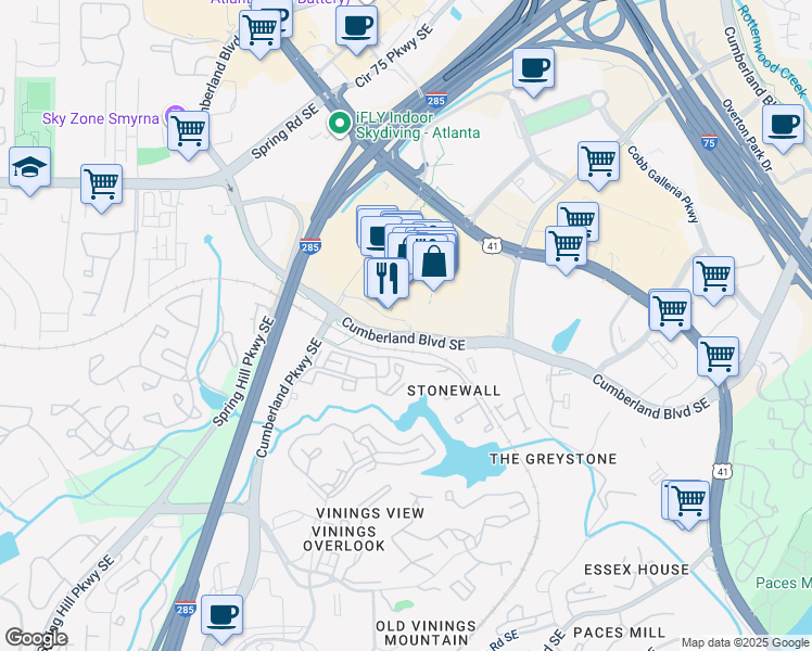 map of restaurants, bars, coffee shops, grocery stores, and more near 2860 Cumberland Mall in Atlanta