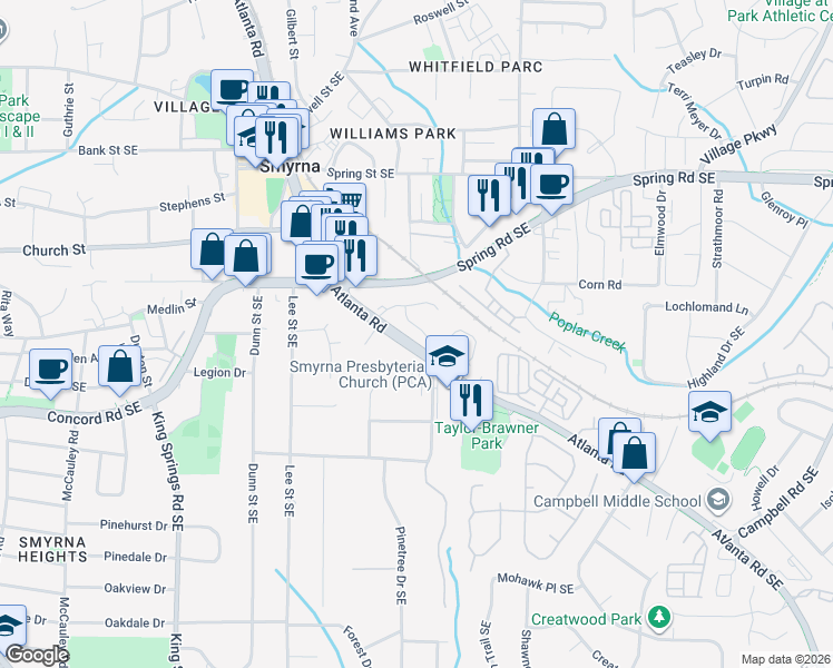 map of restaurants, bars, coffee shops, grocery stores, and more near 3016 Montclair Circle Southeast in Smyrna