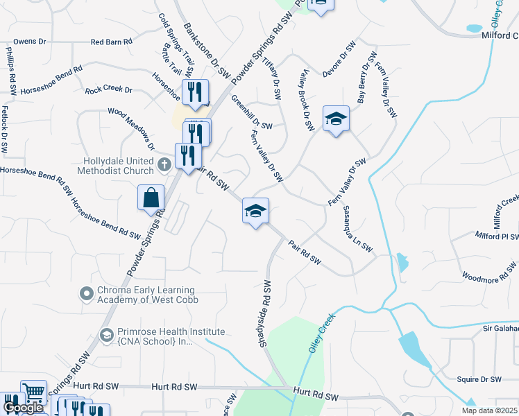 map of restaurants, bars, coffee shops, grocery stores, and more near 2120 Pair Road Southwest in Marietta