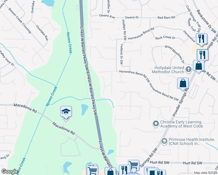 map of restaurants, bars, coffee shops, grocery stores, and more near 3071 Trotters Field Drive Southwest in Marietta