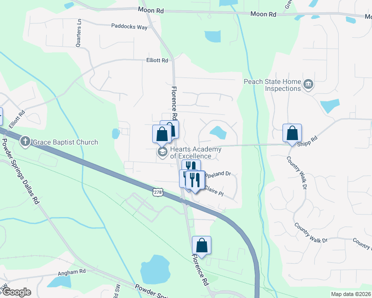 map of restaurants, bars, coffee shops, grocery stores, and more near 3120 Hopeland Drive in Powder Springs