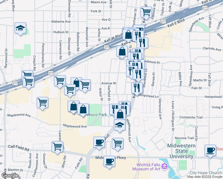 map of restaurants, bars, coffee shops, grocery stores, and more near 3304 Grant Street in Wichita Falls