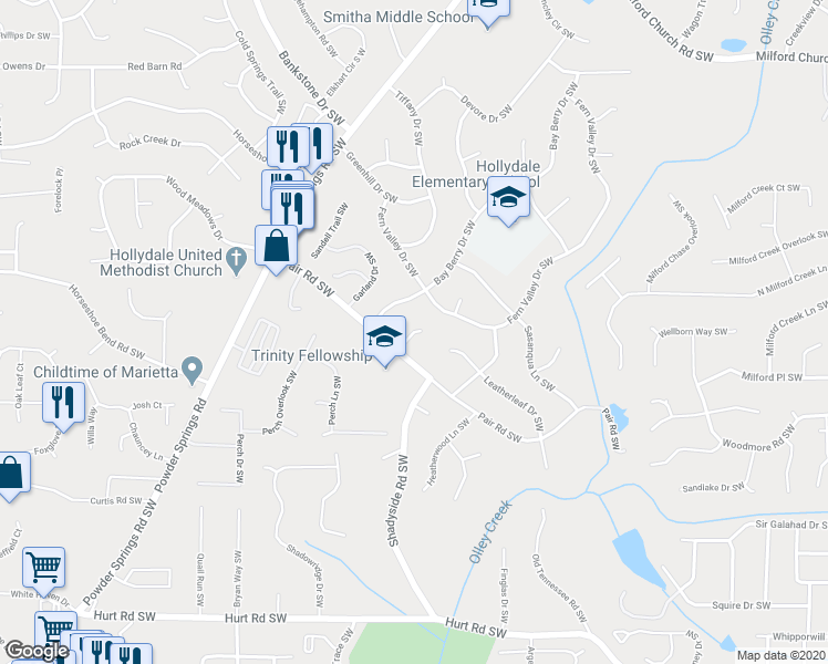 map of restaurants, bars, coffee shops, grocery stores, and more near 2120 Redbud Court Southwest in Marietta