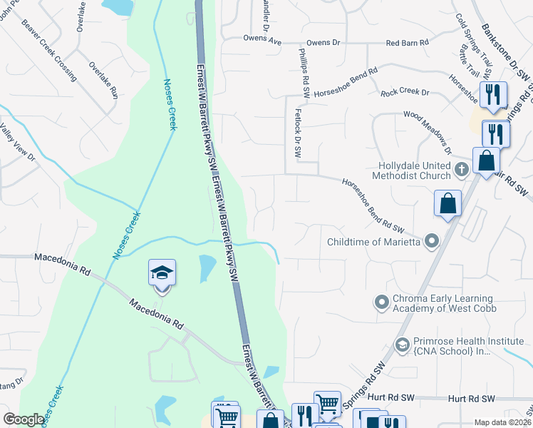 map of restaurants, bars, coffee shops, grocery stores, and more near 3071 Trotters Field Drive Southwest in Marietta