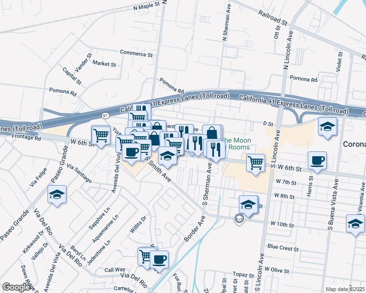 map of restaurants, bars, coffee shops, grocery stores, and more near 1359 West 6th Street in Corona