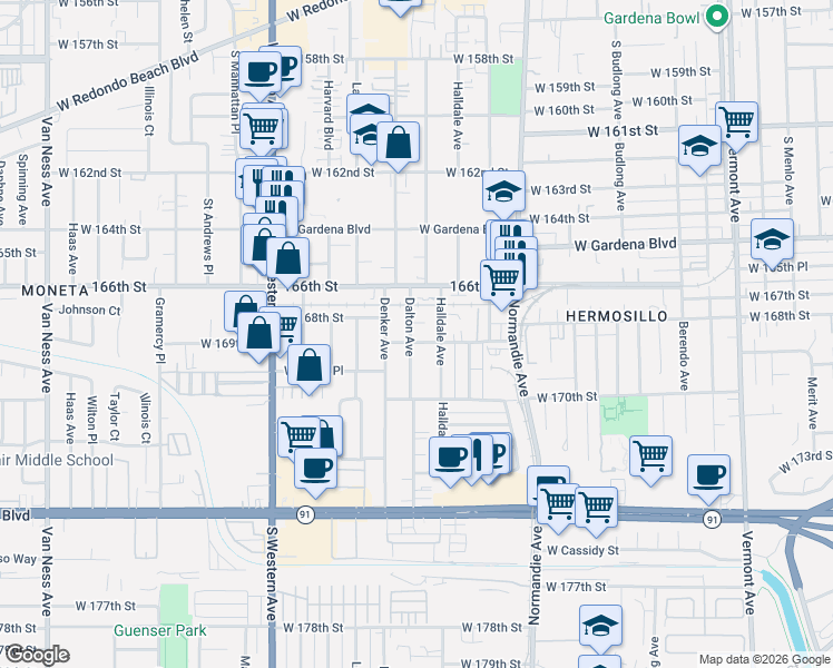 map of restaurants, bars, coffee shops, grocery stores, and more near 16818 Dalton Avenue in Gardena
